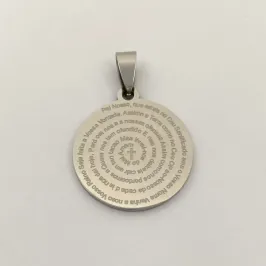 PINGENTE REDONDO AÇO INOX PRATEADO ORAÇÃO ESPIRAL G