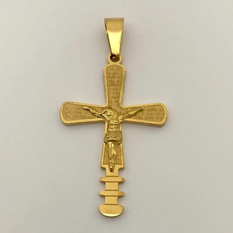 PINGENTE DOURADO CRUZ COM 3 RISCOS E JESUS  G