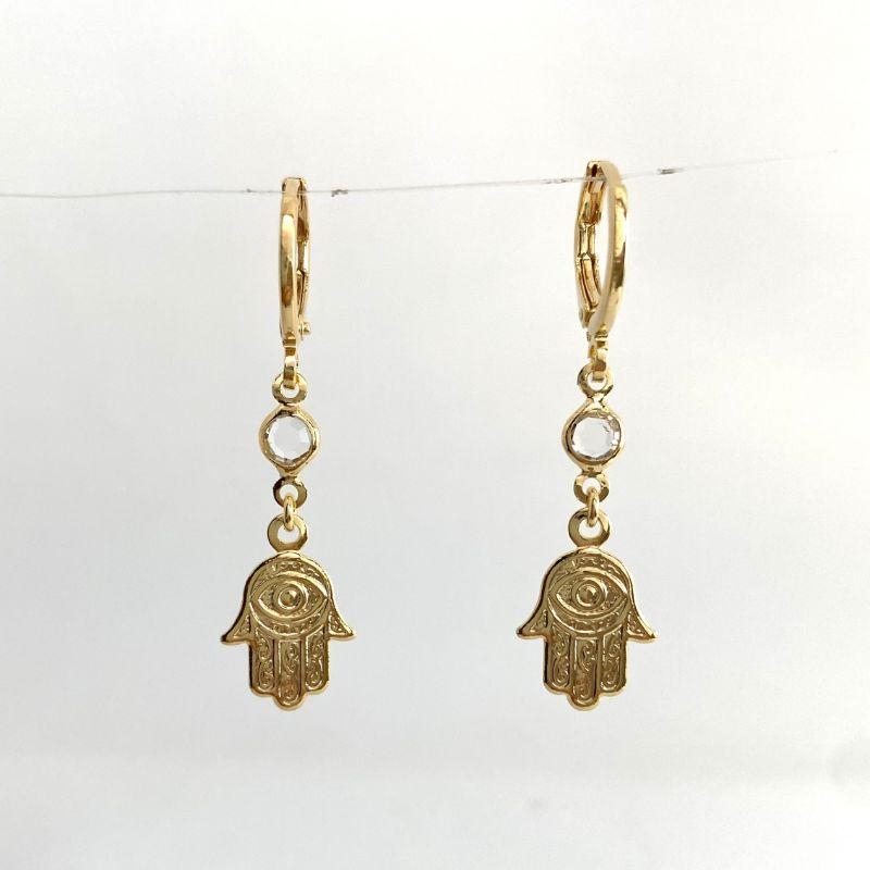 BRINCO ARGOLA CLICK ZIRCONIA E MÃO DE FÁTIMA